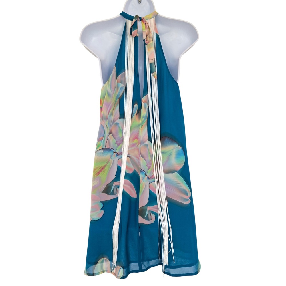 Cupshe Blue Floral Chiffon Fringe Halter Dress Size S Boho Resort Party Cocktail - Picture 6 of 9